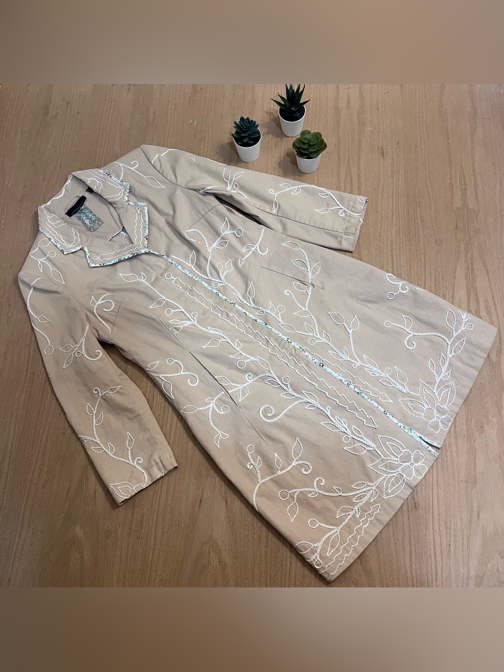 Kapalua Beige Embroidered Longline Cotton Jacket with 3/4 Sleeves